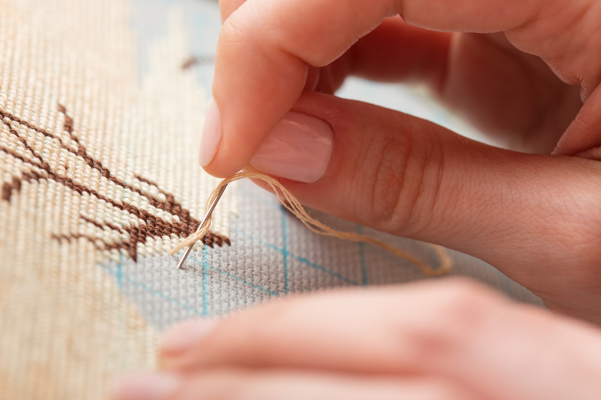 Detaliu broderie mână pe pânză naturală