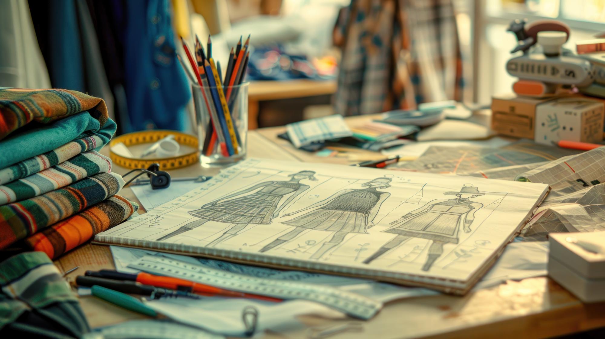 Sketches and embroidered samples on table